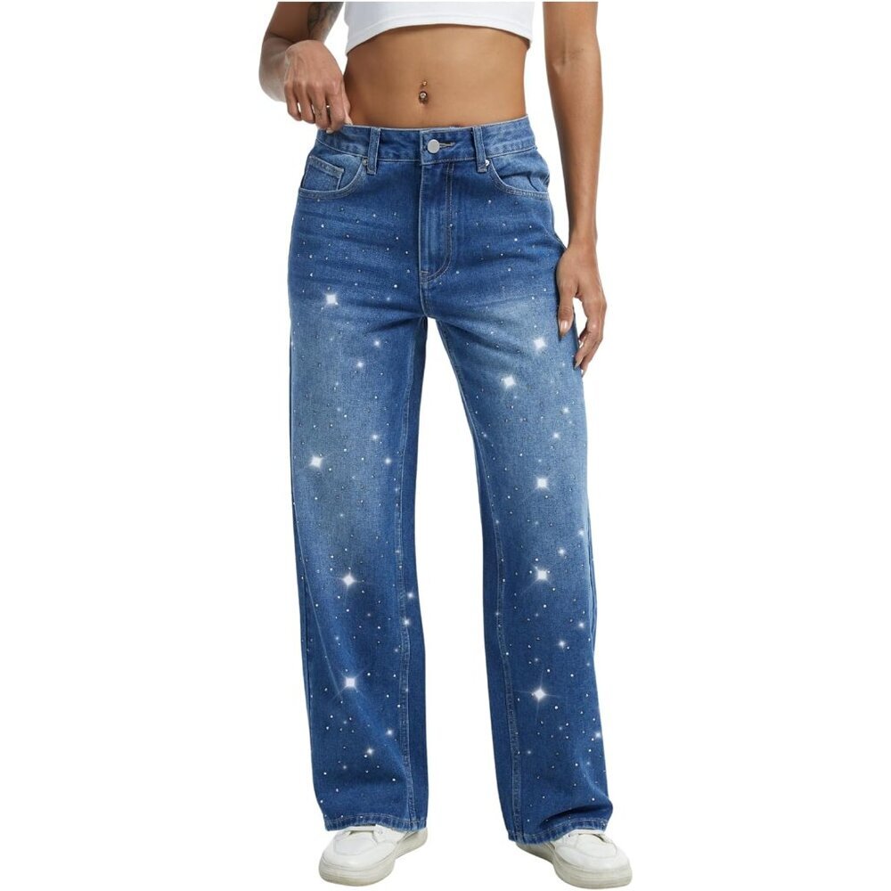 Womens Wide Leg Jeans Rhinestone Embellished Vintage Wash Casual Party
